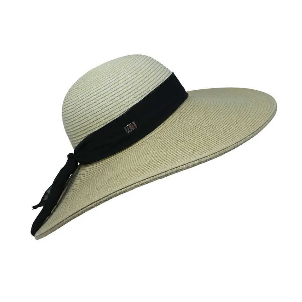 HBY‎ Miami Cream Black Paper Straw Wide Brim Floppy Beach Sun Hat S/M